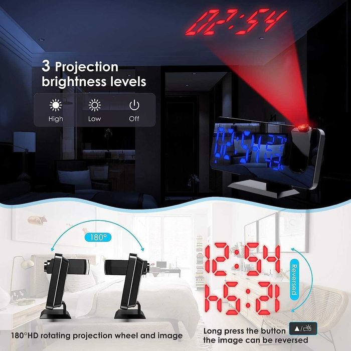 Радио- прожекционен будилник с температура и влажност вградена батерия