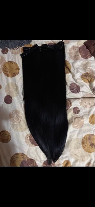 Естествена коса 100% , черна екстеншъни, удължения с щипки 200гр 60см