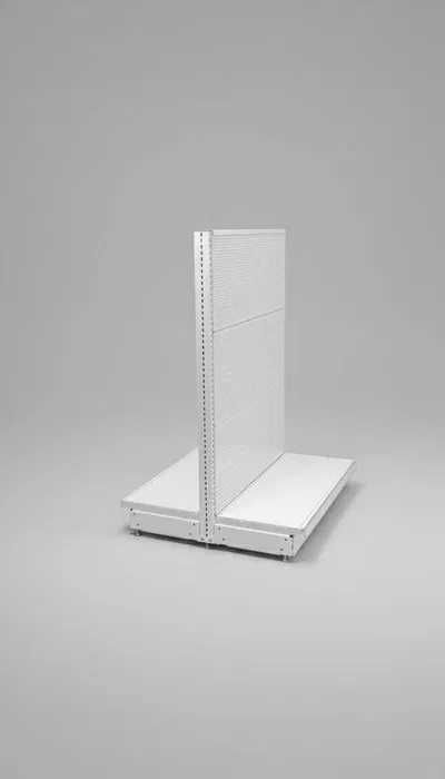 Островен стелаж с перфориран гръб за закачане на куки и рафт