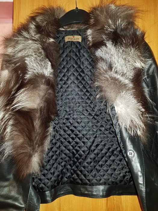Geaca piele cu guler de blana naturala
