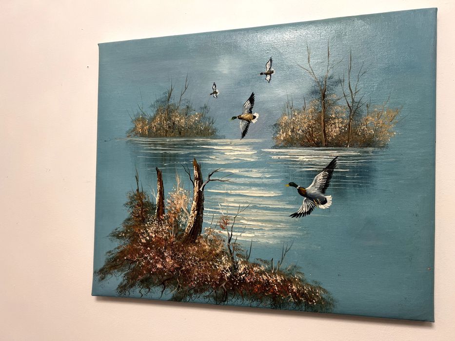 Pictura in ulei pe panza, reprezentând un peisaj liniștit de natură