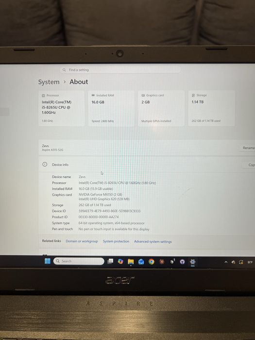 Acer Aspire 5 256 SSD 16 RAM 1 TB HHD