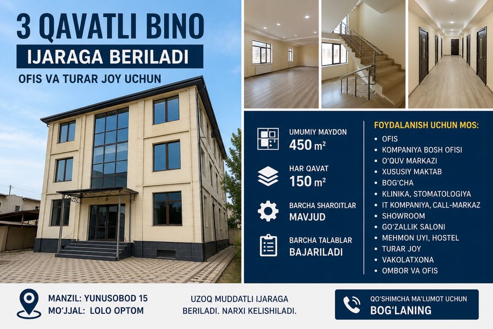 Yunusobod 15 | 3 qavatli bino 450 m² | Ofis va turar joy uchun