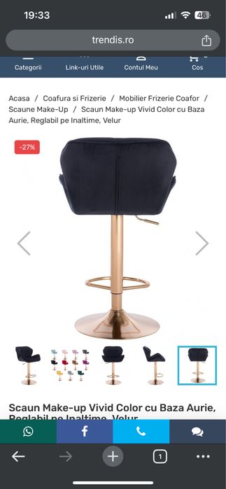 Scaun Make-up Vivid Color cu Baza Aurie, Reglabil pe Inaltime, Velur