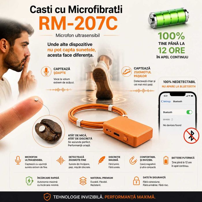 RM-207C - Casca de copiat Microvibratii | Casti de copiat tip Magnet | Super Slim | Autonomie 12h