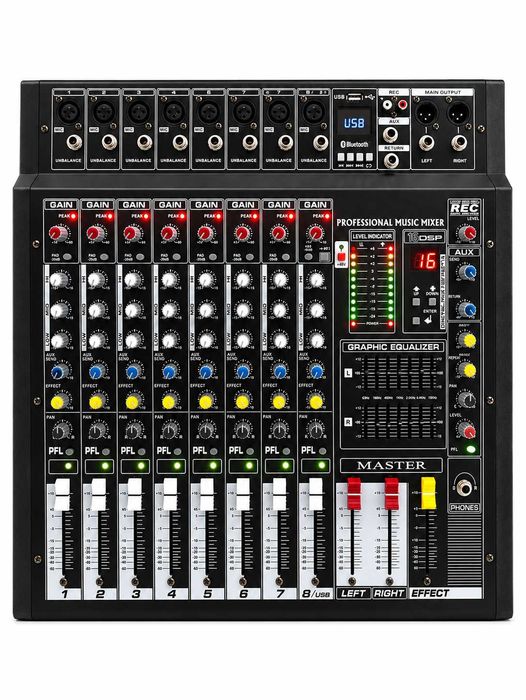 Mixer audio activ 2 x 500W 8 canale Amplificat 16 efecte digitale DSP USB Bluetooth MP3 Egalizator