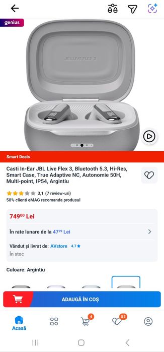 Casti JBL Live Flex 3,Bluetooth 5.3,Hi-Res Smart Case,,Autonomie 50H,