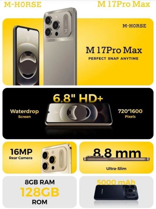 M-HORSE 17 PRO MAX sotuvga keldi 

M17 Pro Max 4G 8+128GB 
TITANIUM GR