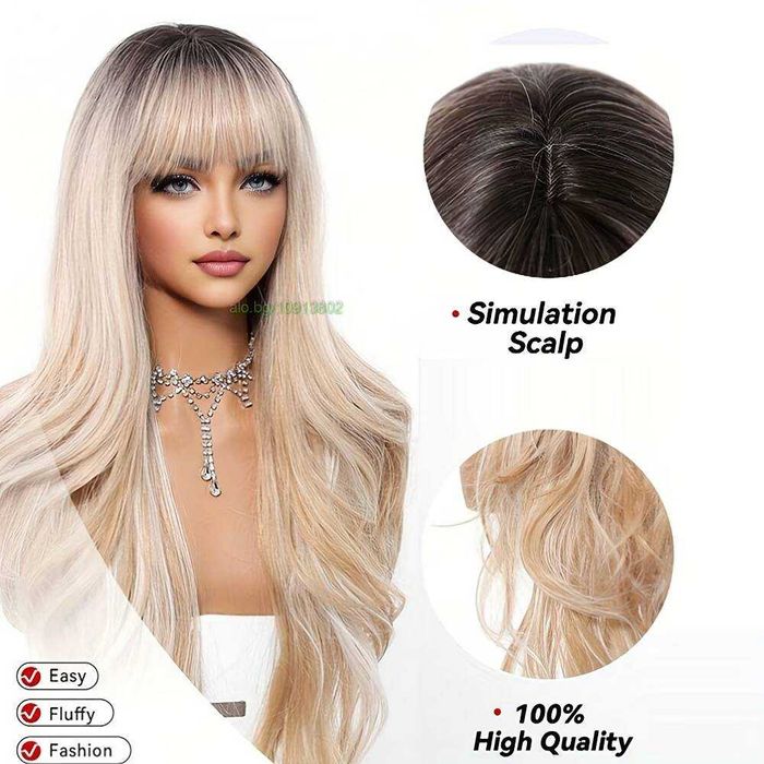 Ефектна руса перука с омбре преливане, тъмни корени и бретон