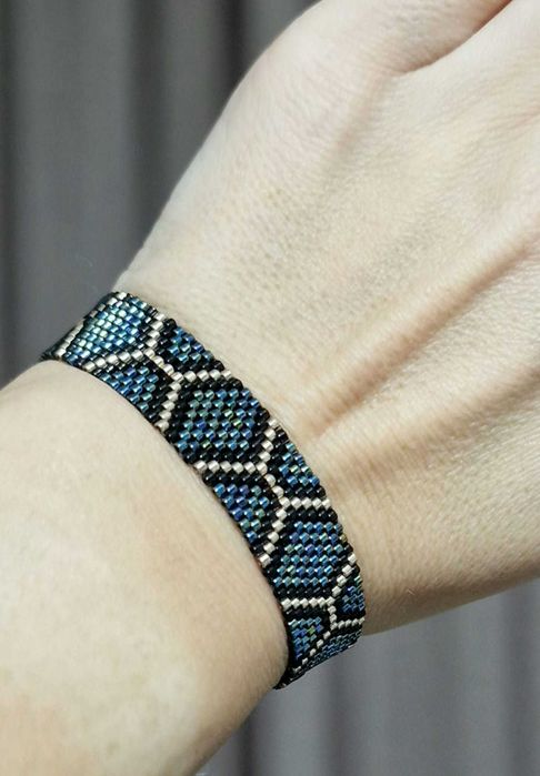 Brățară handmade elegantă Miyuki, albastru metalizat și negru