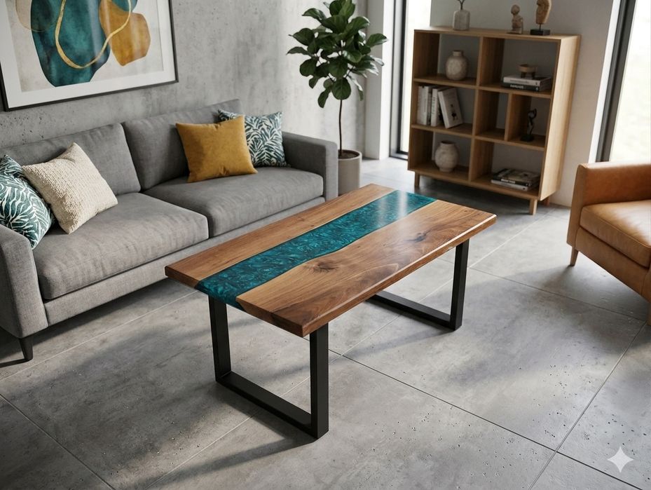 Măsuță cafea UNICAT - Lemn Masiv Nuc/Stejar și Rășină