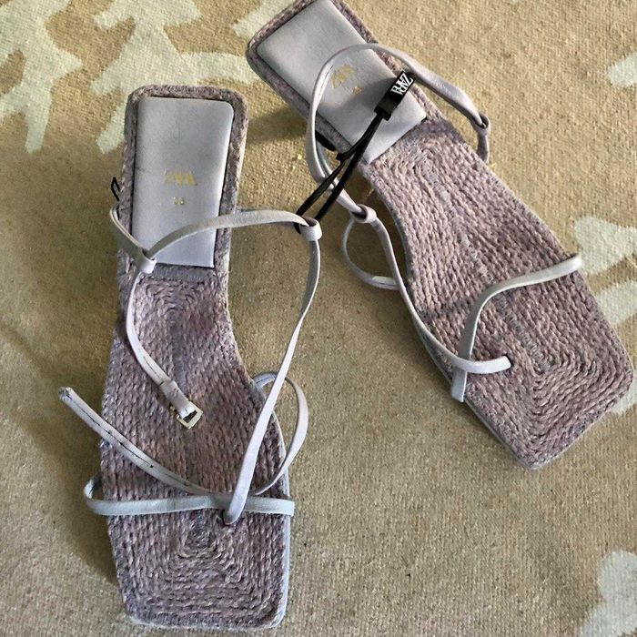 Zara sandale toc mic piele naturala mov lila rafie