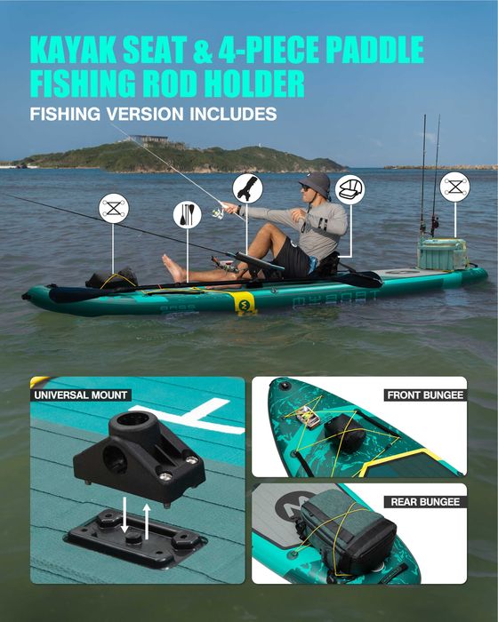 Нов, висок клас, широк 350 СМ надуваем падъл борд all-round SUP MYBOAT MY16 (Bass Hunter Green PRO) в тюркоазено-зелен дизайн.