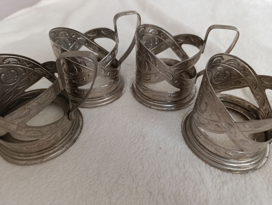 Set 4 suporturi pahar ceai Podstakannik argintate, URSS 1967 – Hidrocentrala Zaporojie / DniproHES
