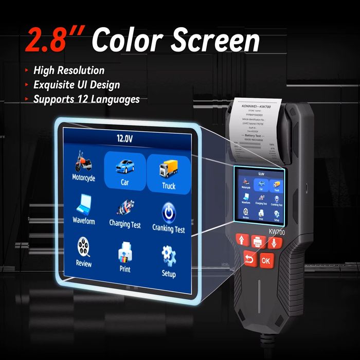KONNWEI KW700 - Analizor / Tester BATERIE Auto 12V / 24V PROFESIONAL cu IMPRIMANTA integrata, Rating 10-2000 CCA, Capacitate 5-220 Ah - NOU / SIGILAT