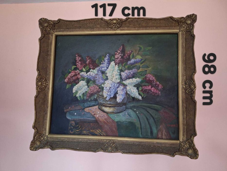 Tablou Impresionant „Liliac în Vază” - Semnat Magyar J. - Ramă Baroc