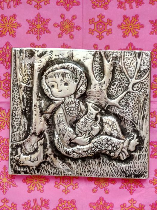 Gravura veche din metal pe lemn