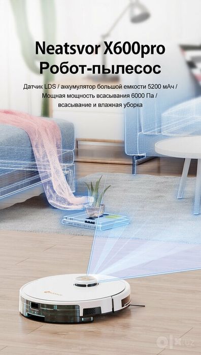 NEATSVORX600proRU Pобот-пылесос с LiDAR, 6000Па, 5200 мАч, Есть Русск