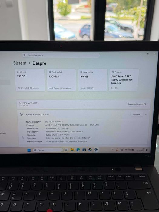 Laptop ThinkPad T14s Gen2 AMD Ryzen 5 Pro 5650U 16GB 256SSD Touch 52405