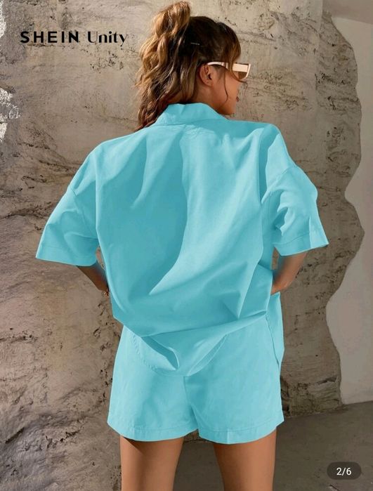 Летен комплект от 2 части – риза и къси панталони в ментово син цвят