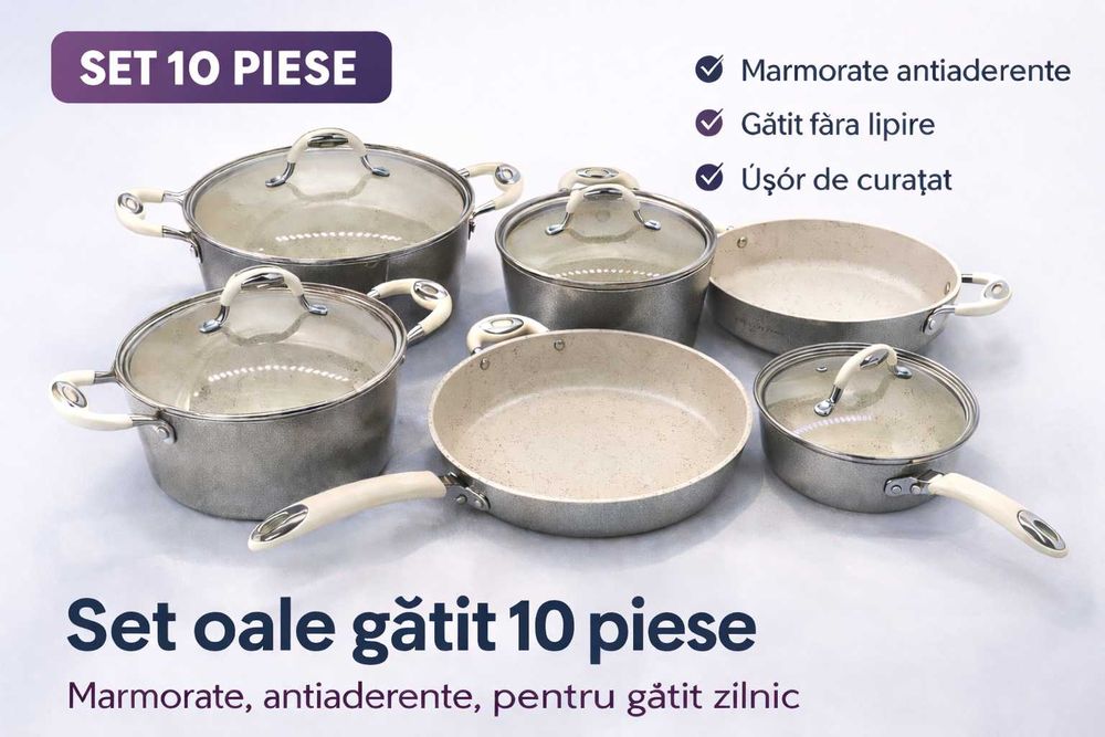 Set oale marmorate 10 piese antiaderente gatit complet