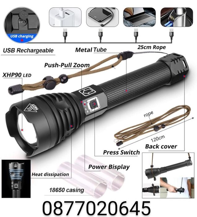 Мощен прожектор XHP90 тактически лед фенер P90 зареждане USB къмпинг
