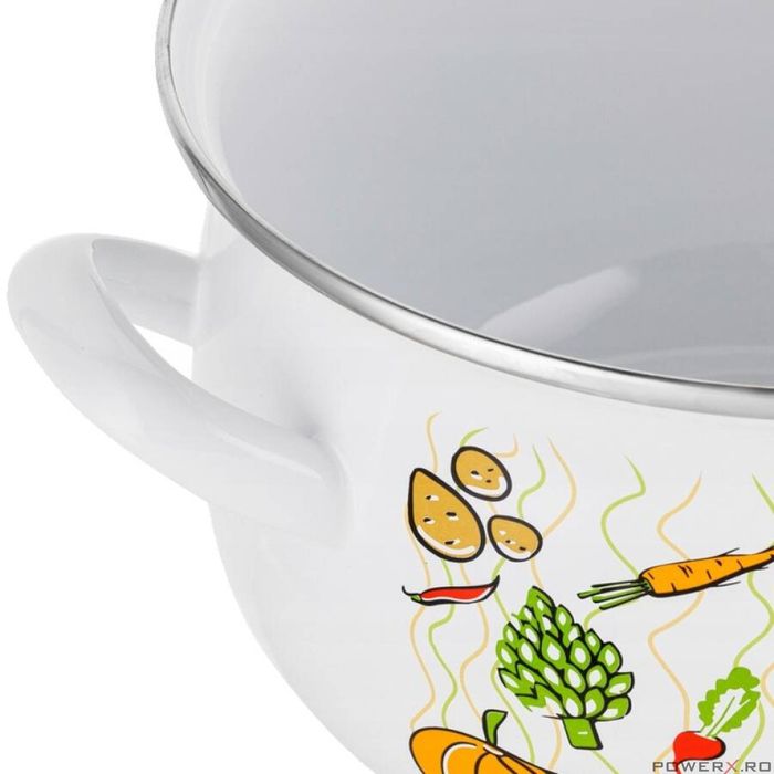 Oala cu capac din sticla, otel carbon, emailata, alba, 18cm, 3l,