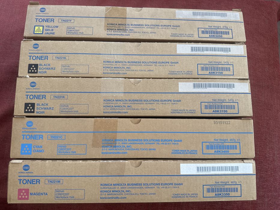 Set 5 tonere originale Konica Minolta TN-221 – C227/C287 – sigilate