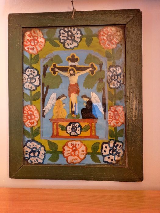 Vând icoană veche pictată pe sticlă, 40 × 30 cm