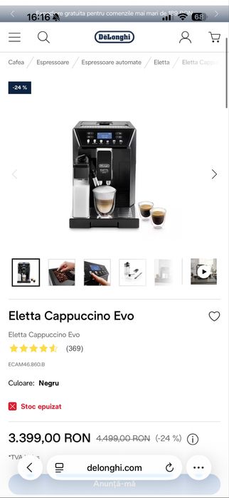 Aparat Cafea Delonghi ECAM 46.860.B Eletta Cappuccino Evo - SIGILAT