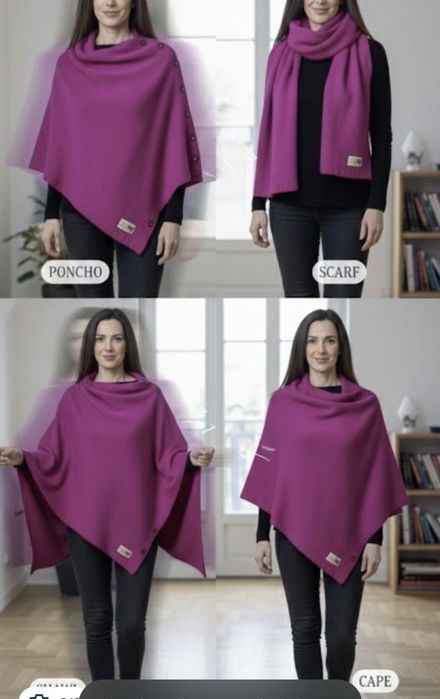 Şal Poncho de lux Pura Lana Italia, Convertibil, Lână Pură