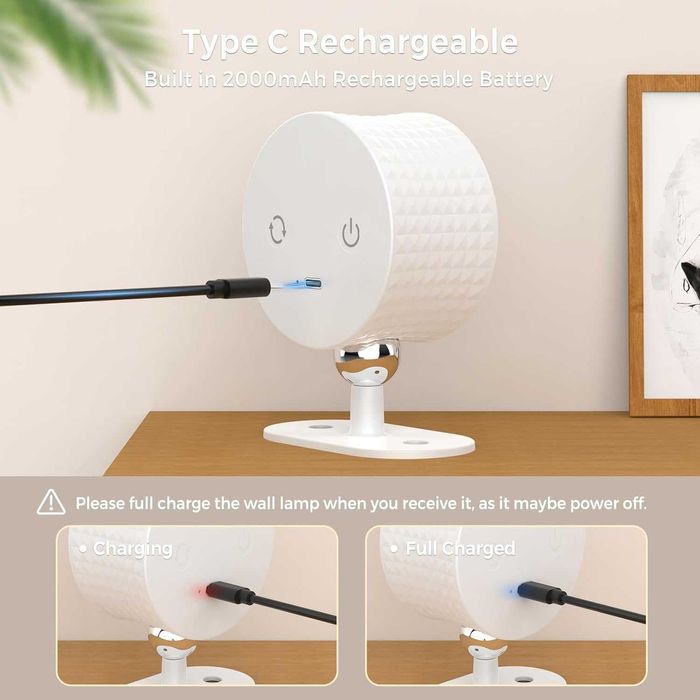 Малка LED нощна лампа за стена, вградена батерия, димиране