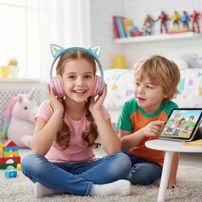 Casti Wireless Copii, VALA V35C, cu urechi de pisica si luminite, Roz