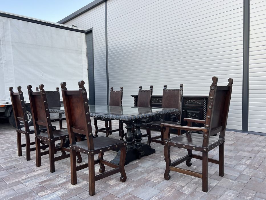 Set Masa Lemn Masiv + 8 Scaune + Servanta Stil Colonial Antic Baroc