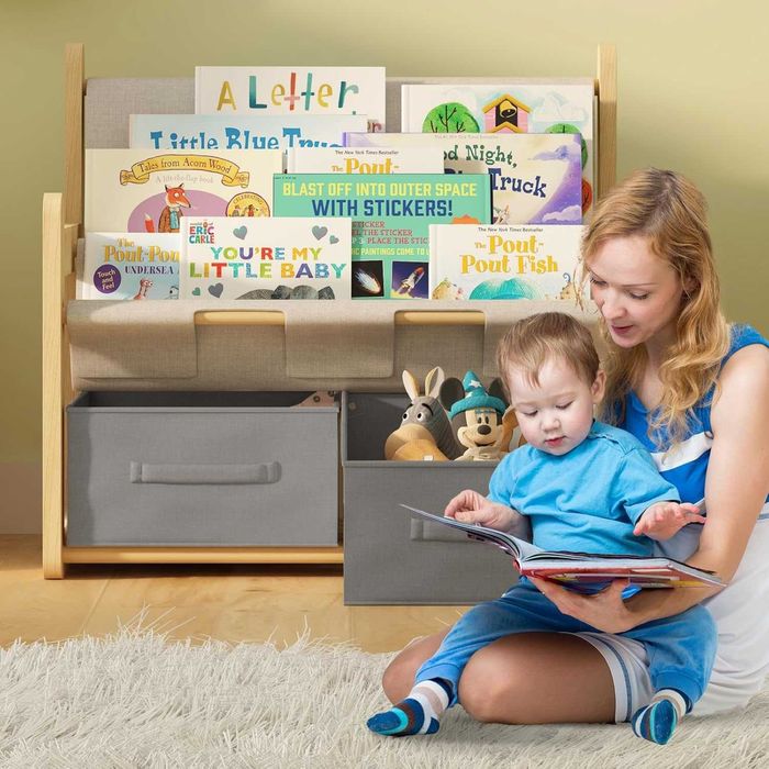 2-етажна детска етажерка чекмеджета Монтесори органайзер книги детска