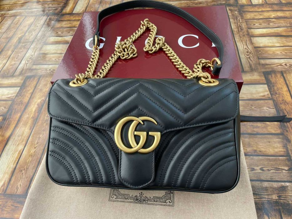 Оригинална Чанта Gucci Черна Marmont Beloved Гучи Златно Gold GG лого