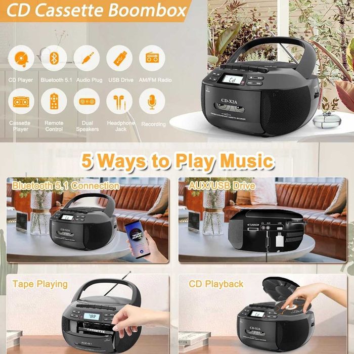 Нов Boombox CD-X2A-USB,AUX,CD,Касетофон,FM/AM радио,BТ 5.1,дистанционн