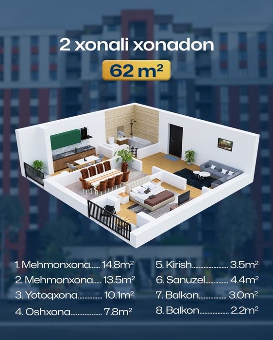 Sergeli tumani | Yangi dom | Qulay narxda 2 xonali kvartira sotiladi