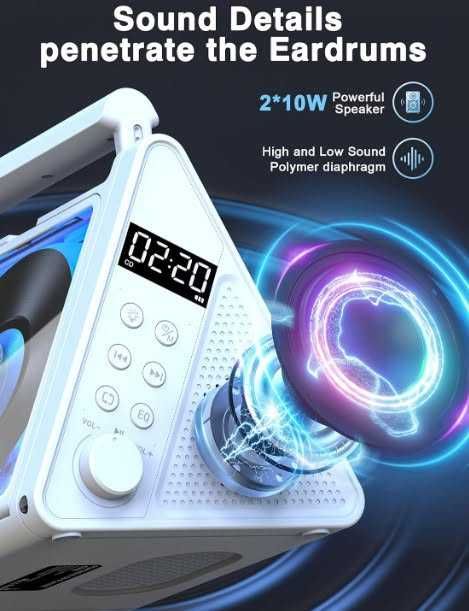 Преносим CD плейър Greadio CD02,  RGB светлини, 2 * 10W HIFI система, Bluetooth 5.3, 4000mAh батерия
