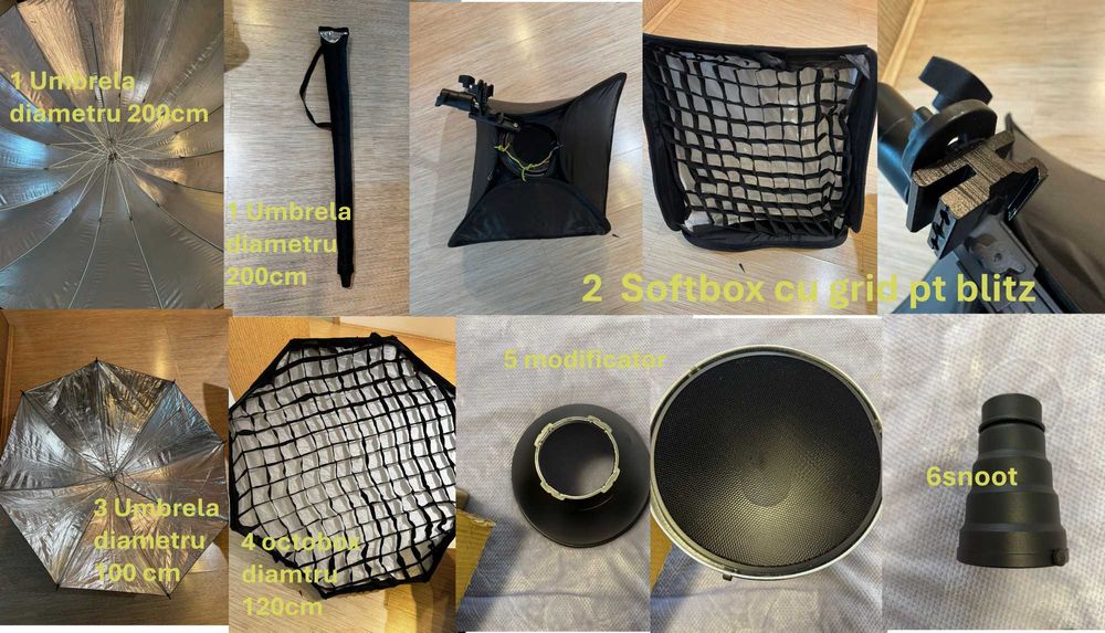 Blitzuri studio, fundaluri, stative, acumulatori, obiectiv- oferta!!