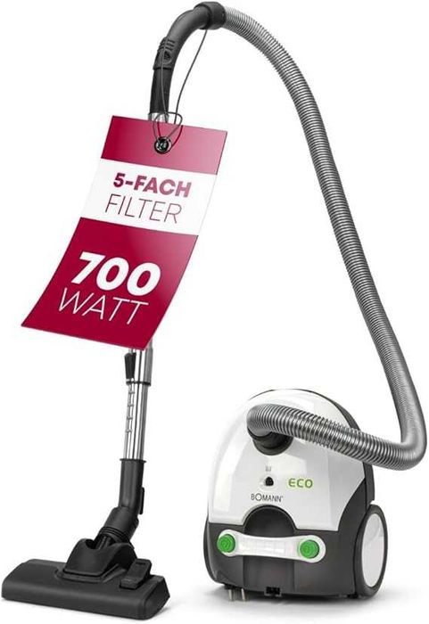 Прахосмукачка Bomann BS 9019 CB Stofzuiger 700W бяла, с торба, 5-степенна микрофилтърна система, автоматично навиване на кабела