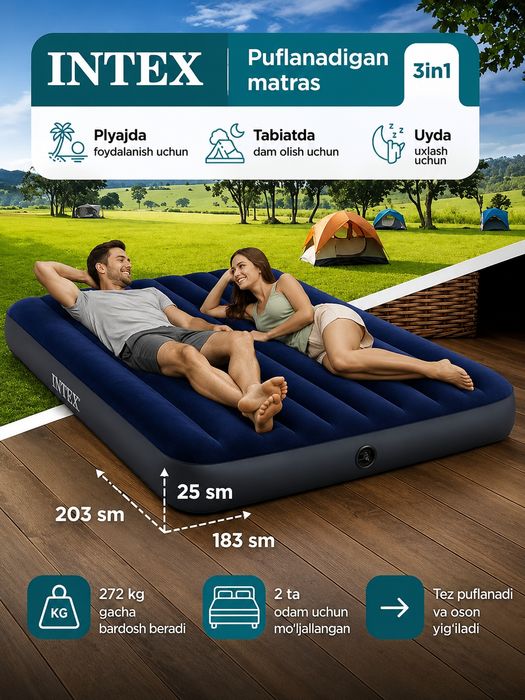 Intex ikki kishilik puflanadigan matras 203×183×25 sm