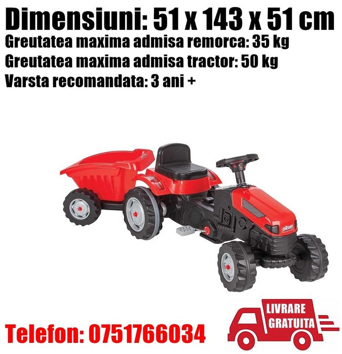 Tractor Copii Baiat Baieti cu Pedale si Remorca Rosu+LIVRARE GRATUITA