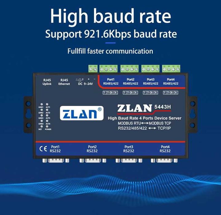 ZLAN5443H 4-портов високоскоростен сървър RS232/485/422 към Ethernet.