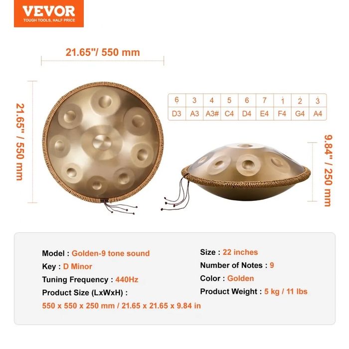 VEVOR Handpan Drum 55.9 cm 9 Notes