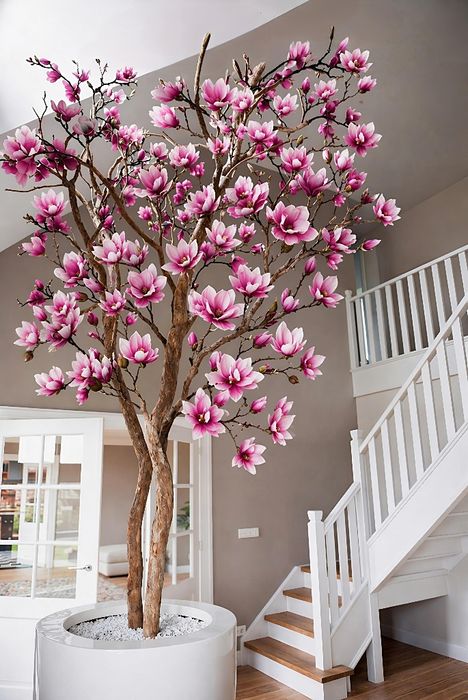 Copac Magnolie cu trunchi naturala și flori artificiale