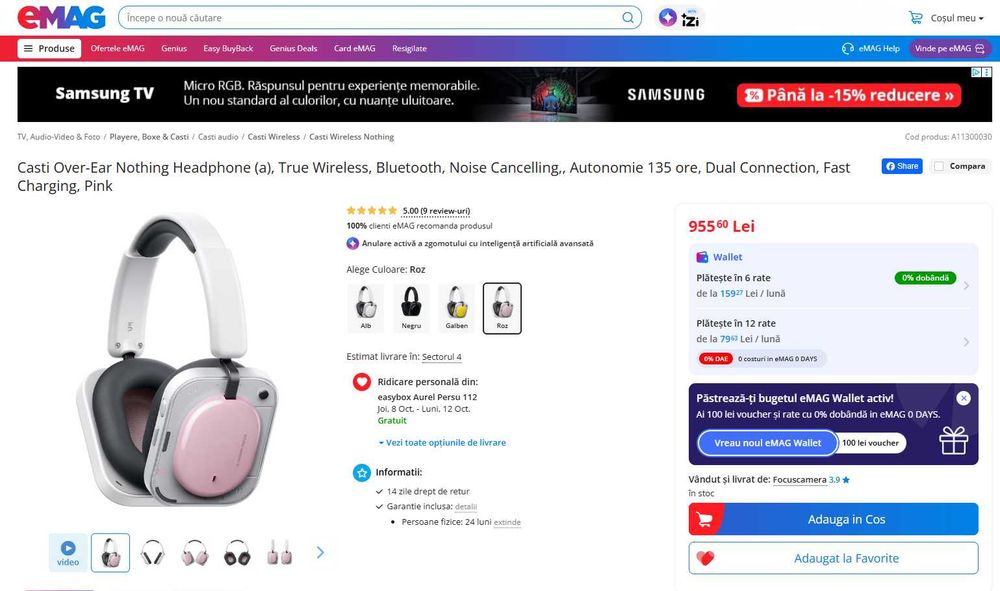 Casti Nothing Headphone, Wireless, Bluetooth, Noise Cancelling,Garantie