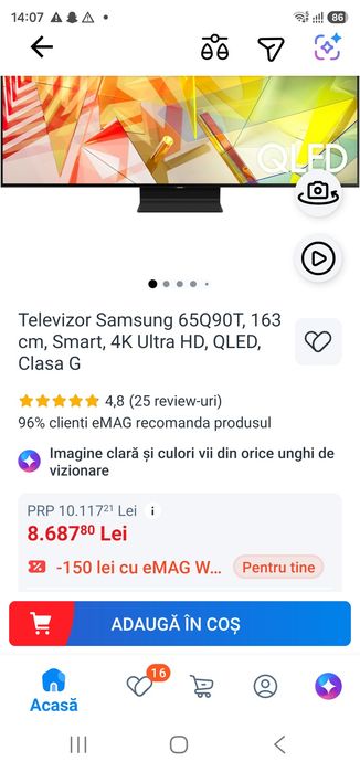 Smart TV QLED Samsung QE65Q90T, 163 cm (65"), 4K – Flagship Seria 9, Direct Full Array 120Hz, HDMI 2.1 / Ideal PS5