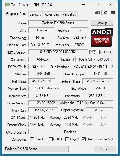 ASRock Phantom Gaming D Radeon RX 580 8G OC