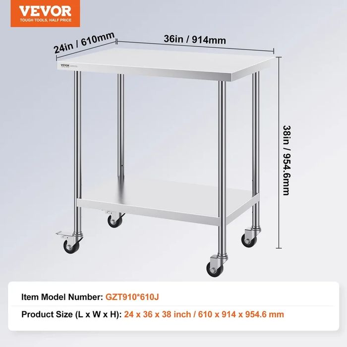 Мобилна Работна Маса – 91.5 x 61 cm, Неръждаема Стомана с Колела